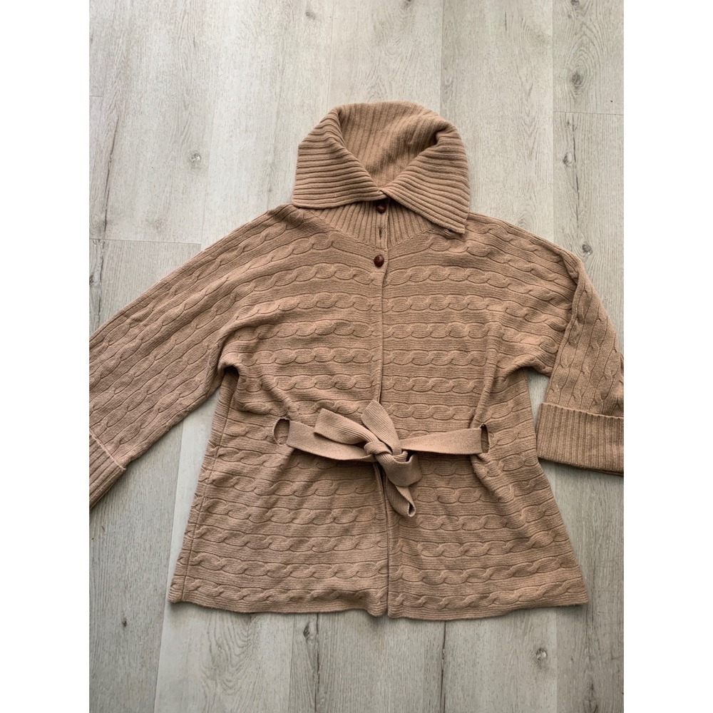 Ralph Lauren Sport Camel Wool Cashmere Cable Knit Belted Cardigan Sweater XL